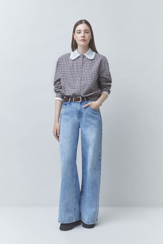 LARS Short-sleeved checked shirt with the beaded details