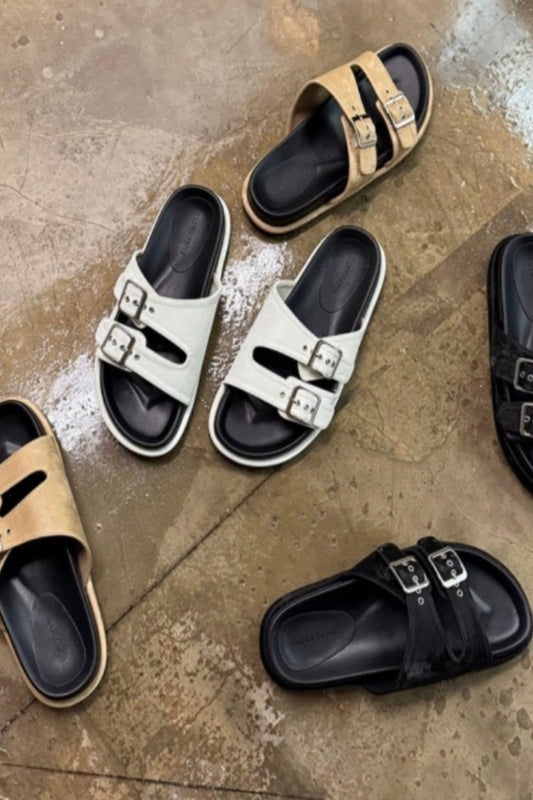 Double Buckle Leather Slides