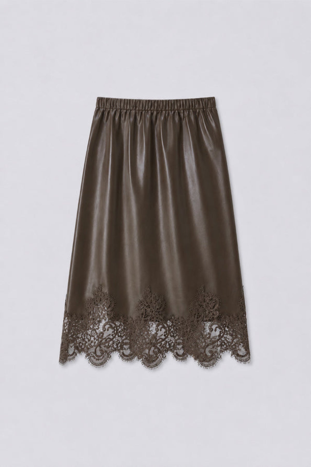 FLOW Khaki faux leather skirt with lace details