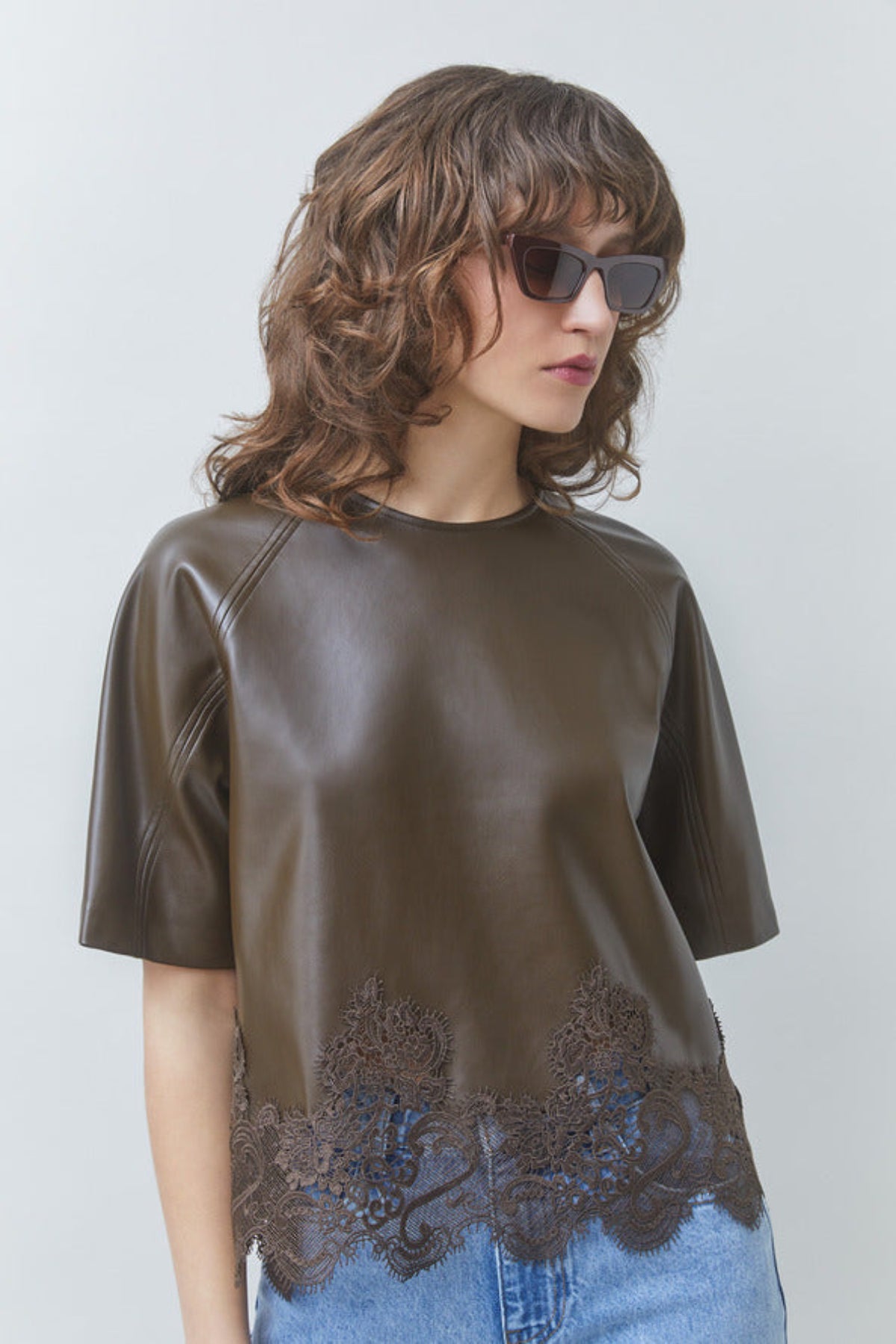 LONDON Khaki faux leather blouse with lace details