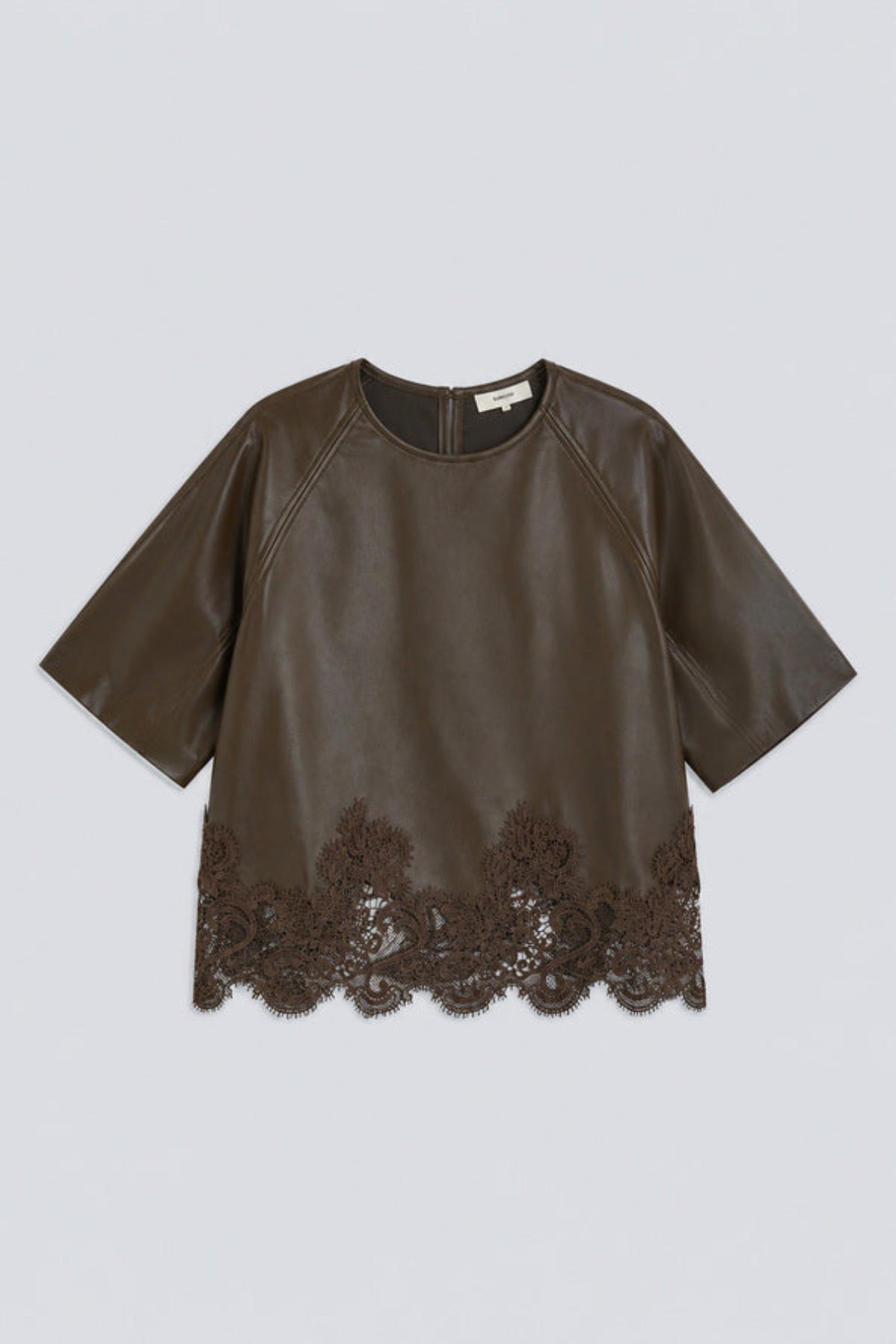 LONDON Khaki faux leather blouse with lace details
