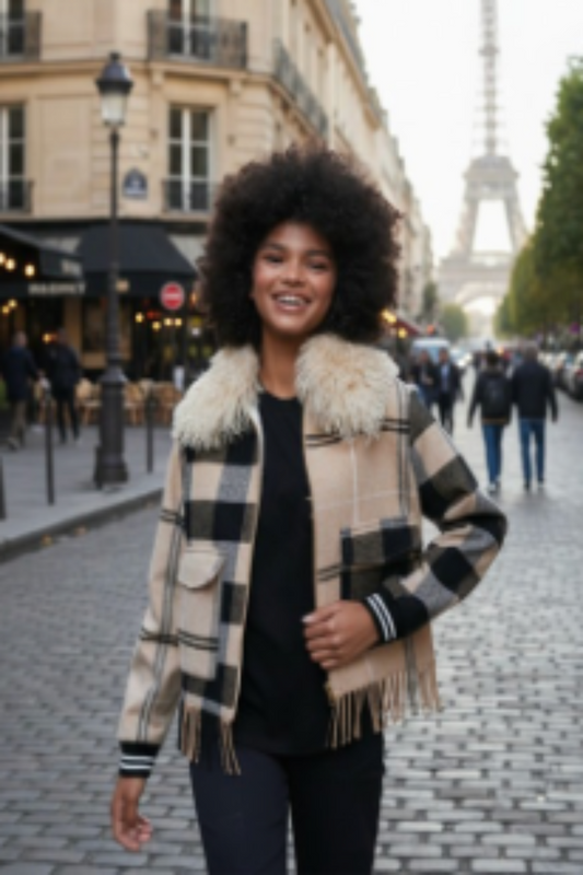 CHECKED WOOL BOMBER WITH FRINGES